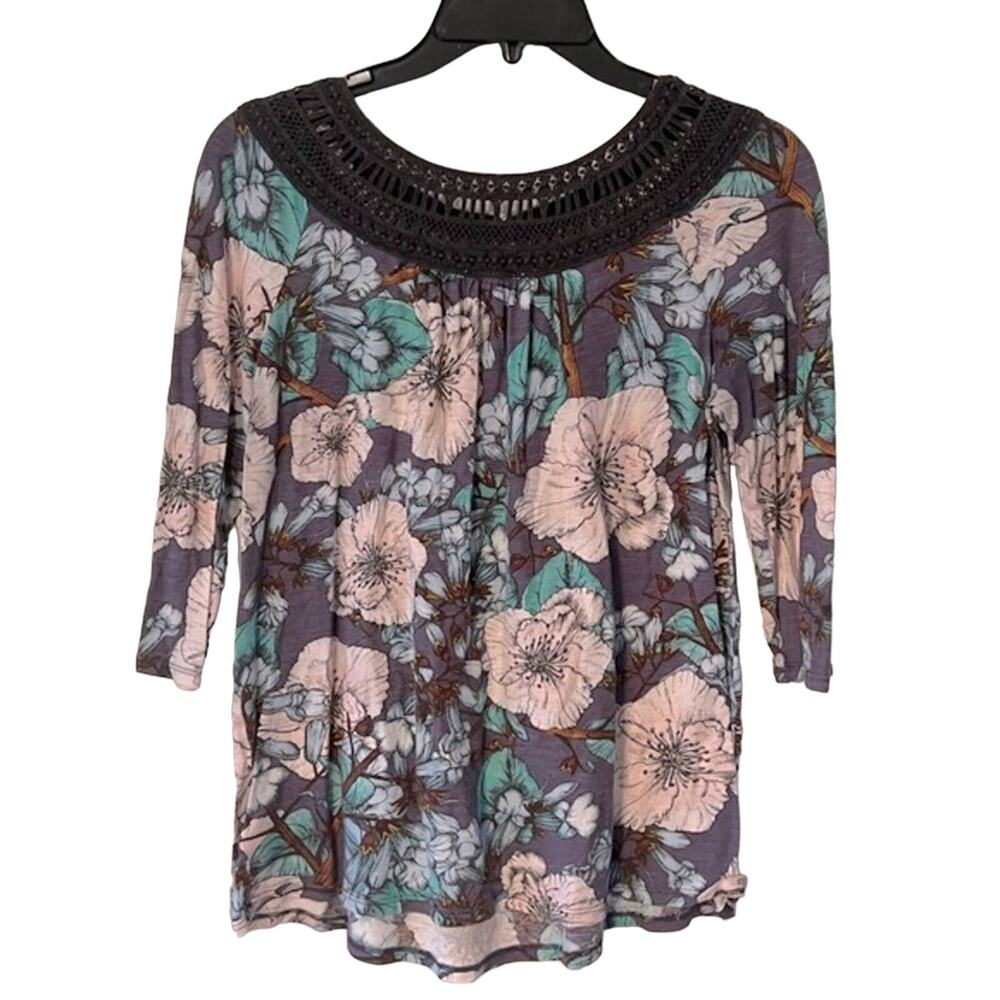 Anthropologie meadow rue boho knit crochet neck Flowy floral blouse size medium - Picture 1 of 7